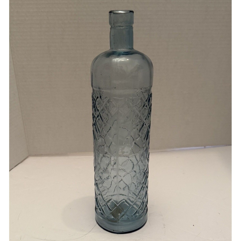 Lt. Blue Wine Bottle w/ Diamond Design-Hand Made In SPAIN—Recycled Glass-11.75"H